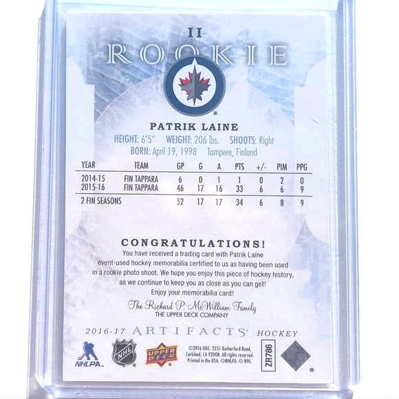 Patrik Laine Artifacts Rookie Jersey Hockey Card 2016/17 Winnipeg Jets - Picture 2 of 4